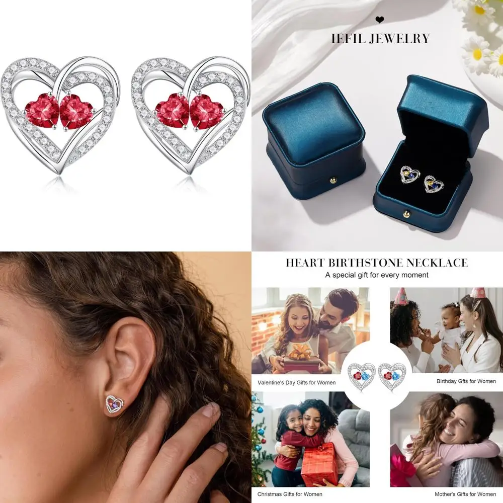 

Sterling Silver Double Birthstone Earrings, Heart Studs, Perfect Anniversary Birthday Gifts for Women, Celebrate Special Occasio