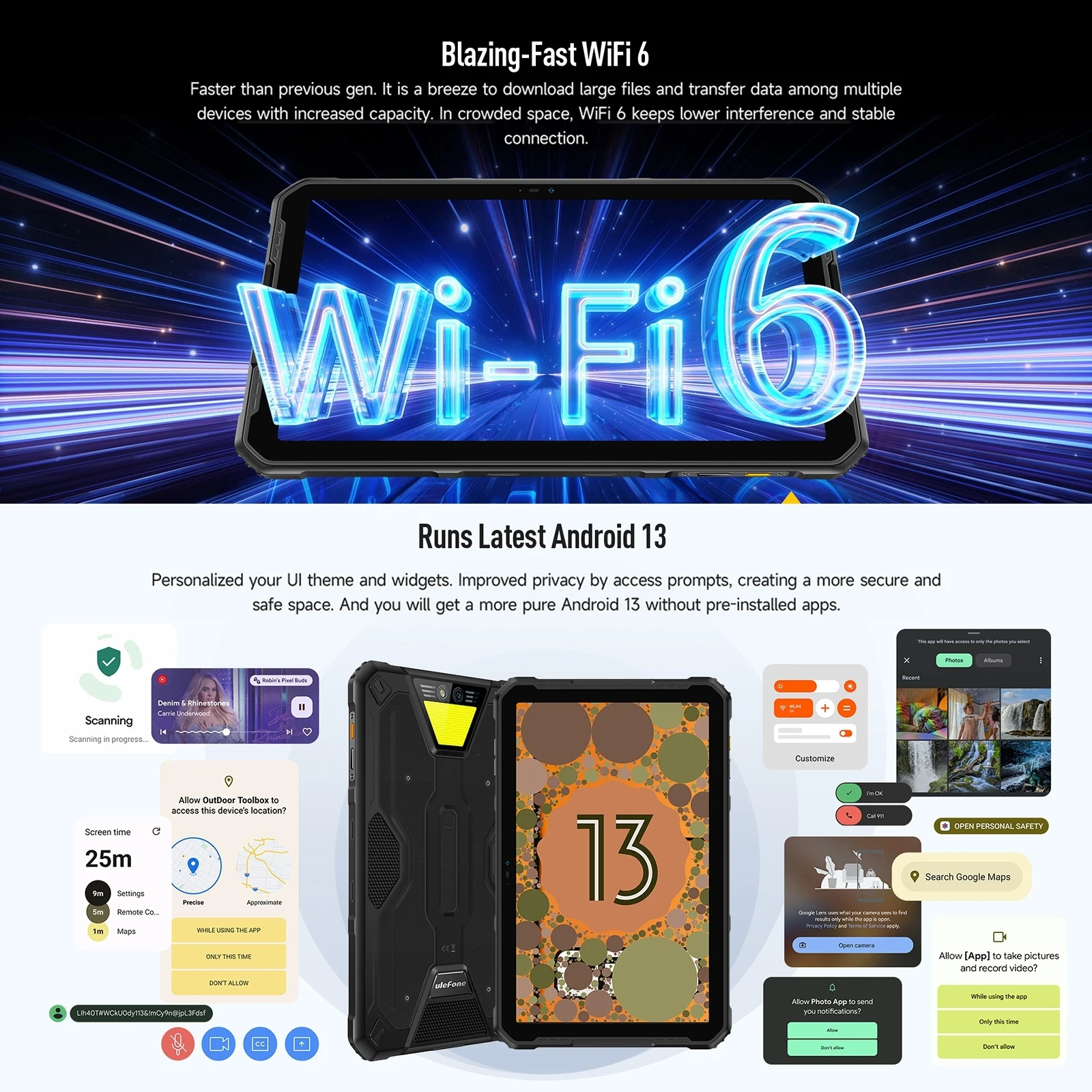 Ulefone Armor Pad 2 Прочный планшетный ПК Android 13 До 16 ГБ + 256 ГБ IP68/IP69K MediaTek Helio G99 11 дюймов 2K 18600 мАч NFC