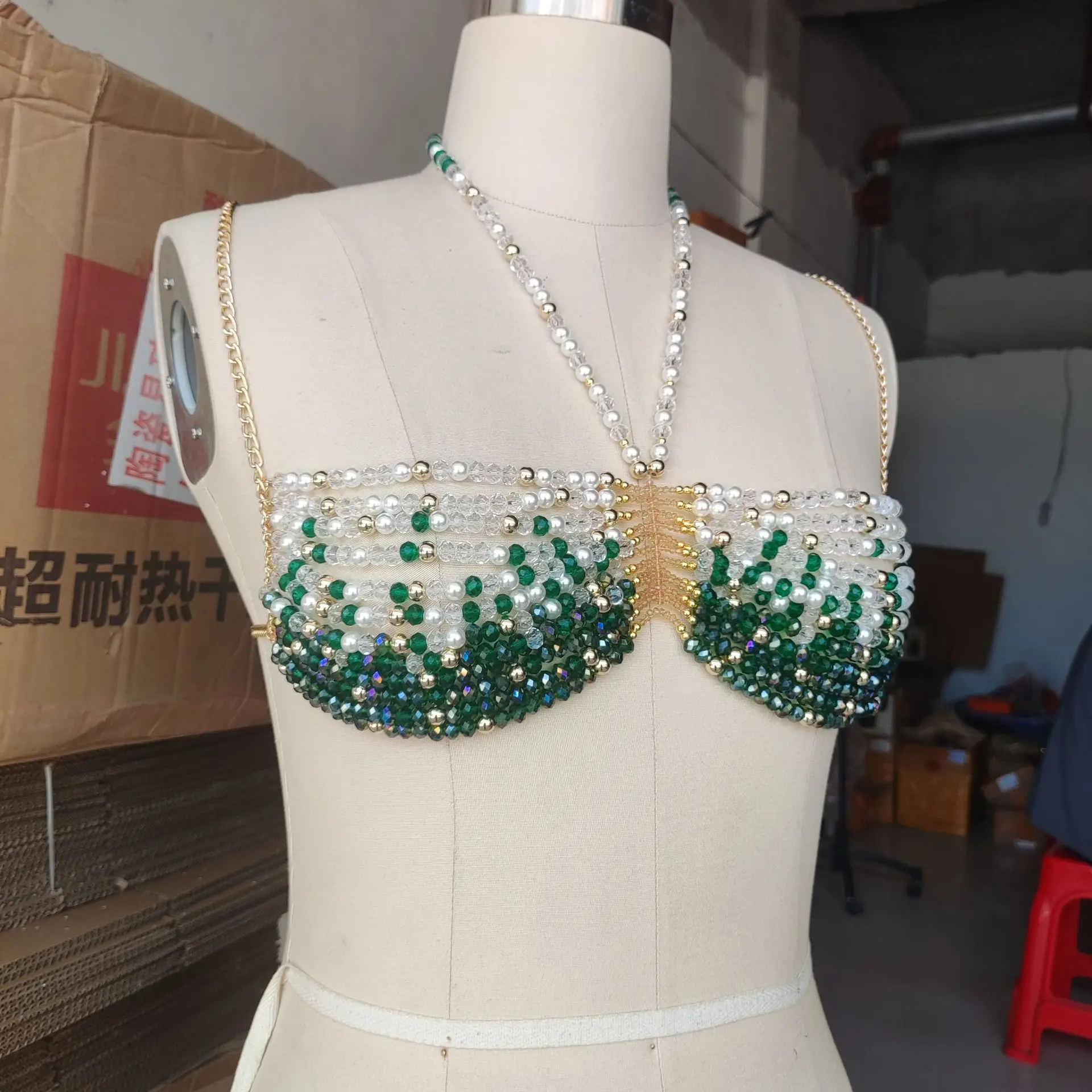 Europe And The United States Glass Crystal Beads Bust Body Chain Simple Sling Backless Beaded Bra Chain Beading Crops