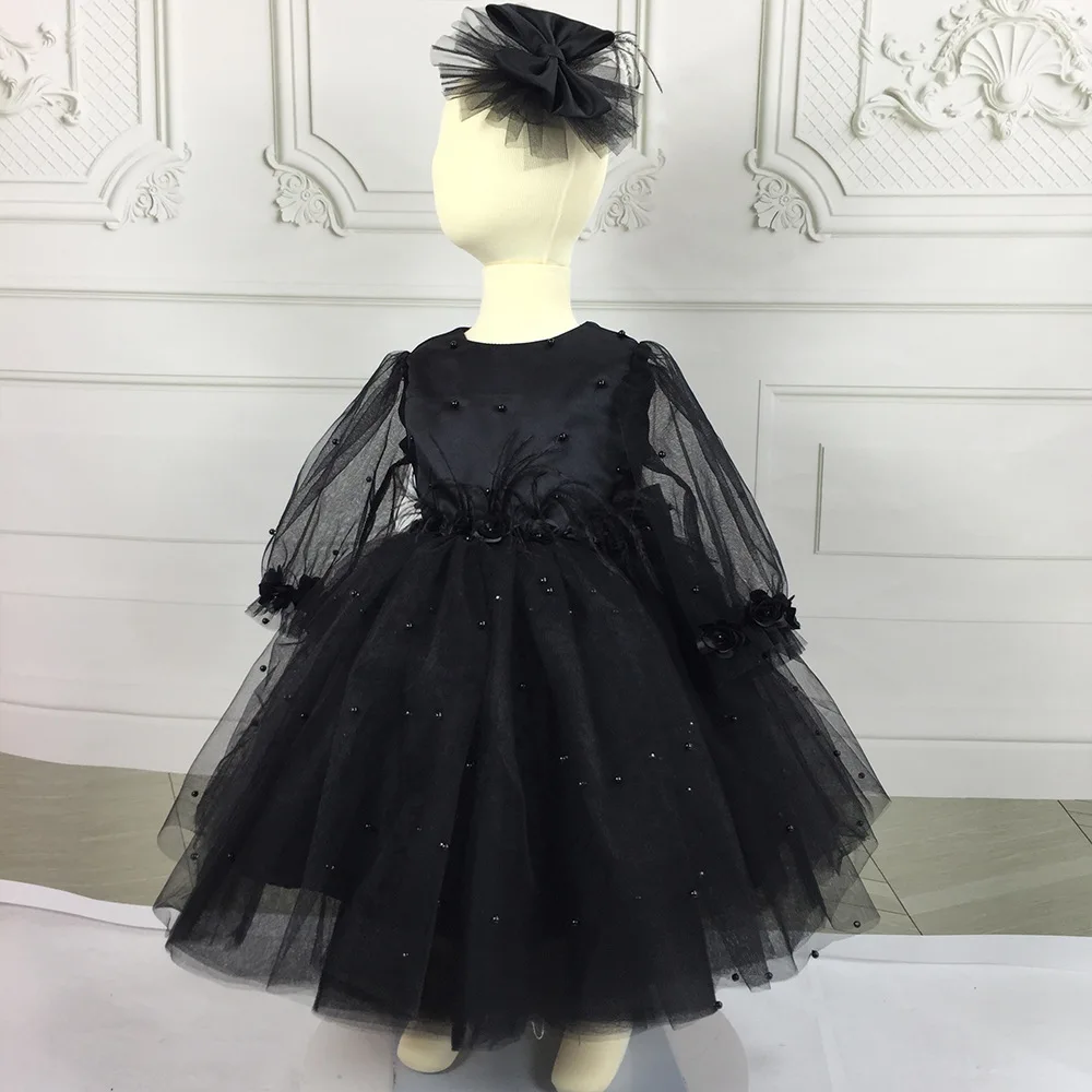 Children's Pink Black Flower Girls' Dress Medium Long Sleeved Beaded Performance Birthday Princess Fluffy Skirt Custom Cloth