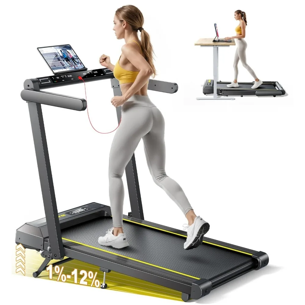 Foldable Walking Pad Treadmill 12% Incline, 4 in 1 with Handle Bar for Home Office, Under Desk Portable with App , Custom