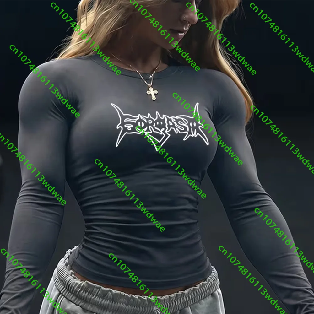 Gothic Style Damen Bodybuilding Gym Training Langarm Schnelltrocknend Atmungsaktiv Yoga Bedrucktes Sport-T-Shirt Outdoor Lauf-Top – Detail 6