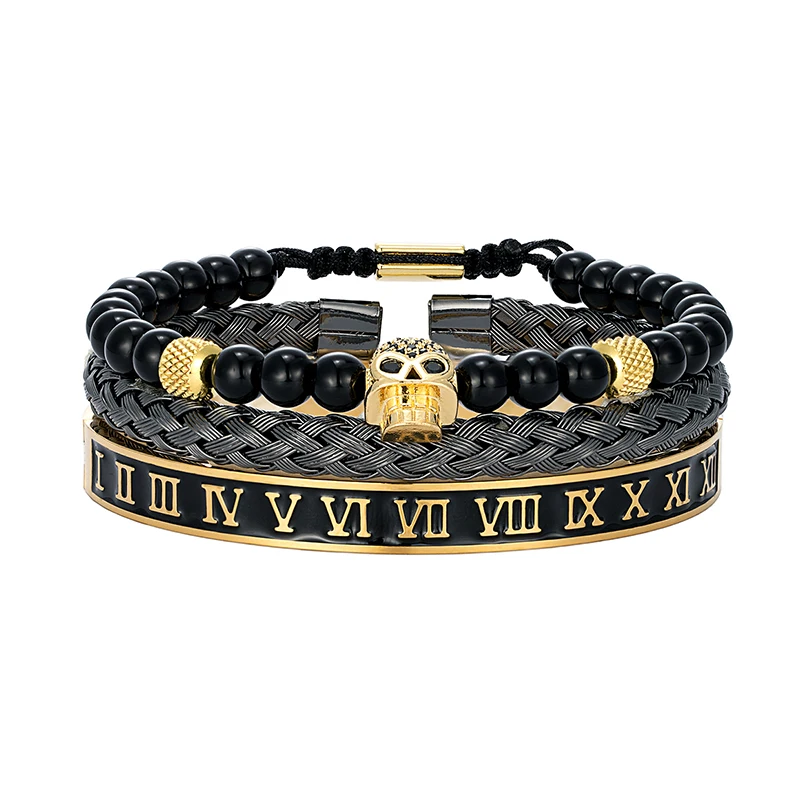 3Pcs Men's CZ Wolf Leopard Skull Bracelet Set Roman Numerals Stainless Steel Bangle Hand-made Braided Gift for Men Women