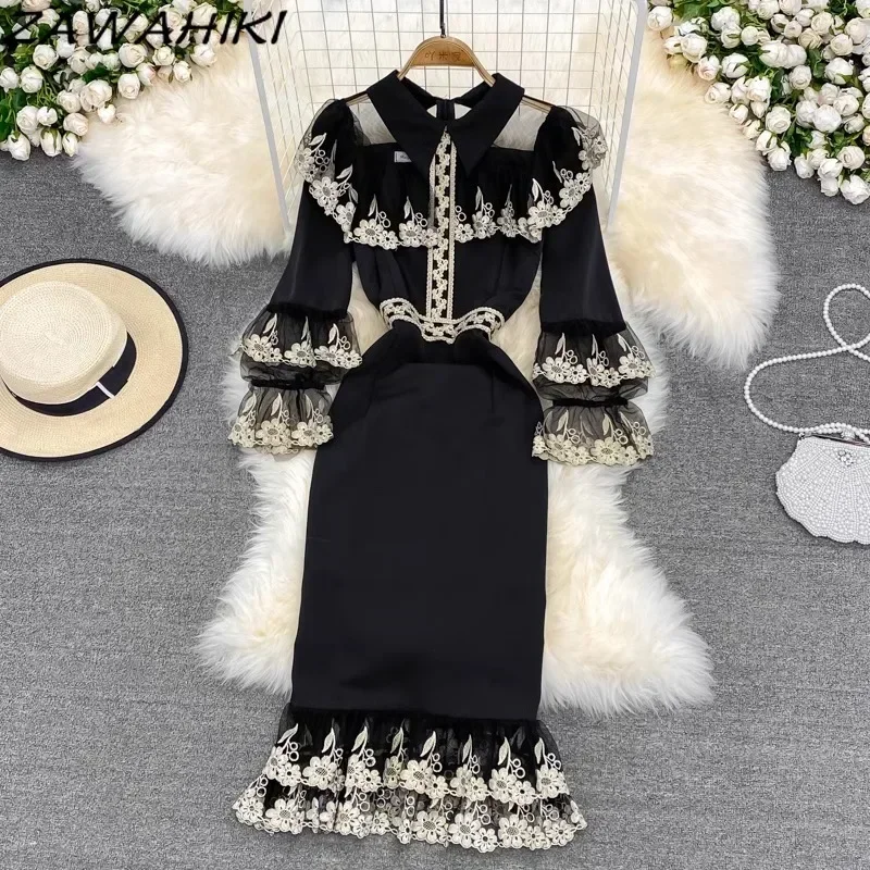 ชุดเดรสวินเทจสําหรับผู้หญิงเย็บปักถักร้อยจีบลูกไม้ Vestidos Patchwork Slim เอว Femme Robe Temperament Office Lady Ropa Mujer