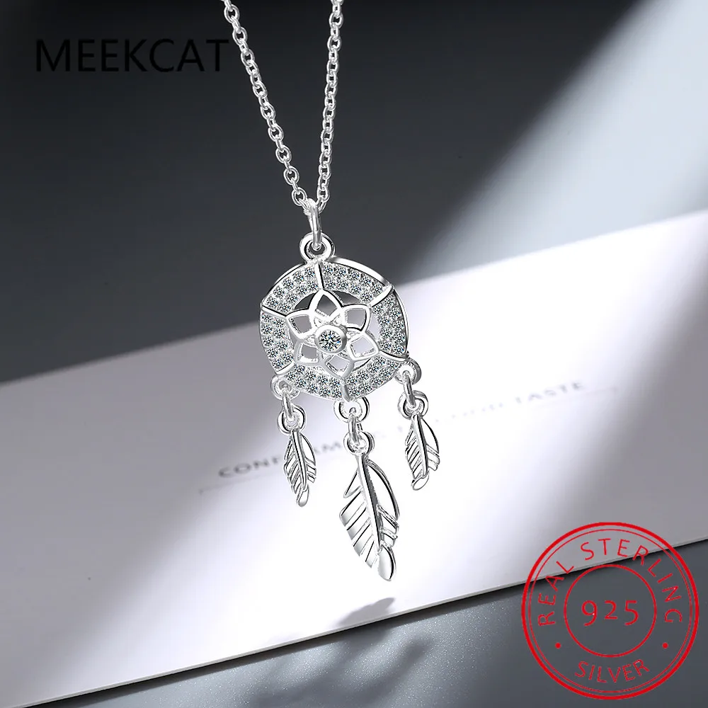 100% 925 Sterling Silver Dreamcatcher feather Charm Necklace Pendant Silver Dream Catcher Pendant Statement Choker Necklace