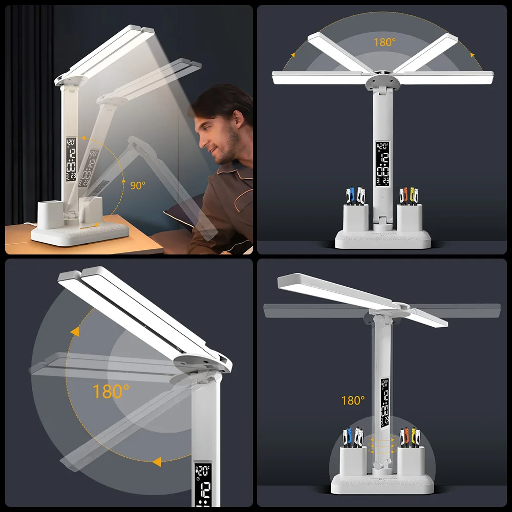 3 Color Foldable Table Lamp Smart Display Clock Desk Lamp Bedroom Decoration Lamp Study Reading Office Night Light LED Desk Lamp