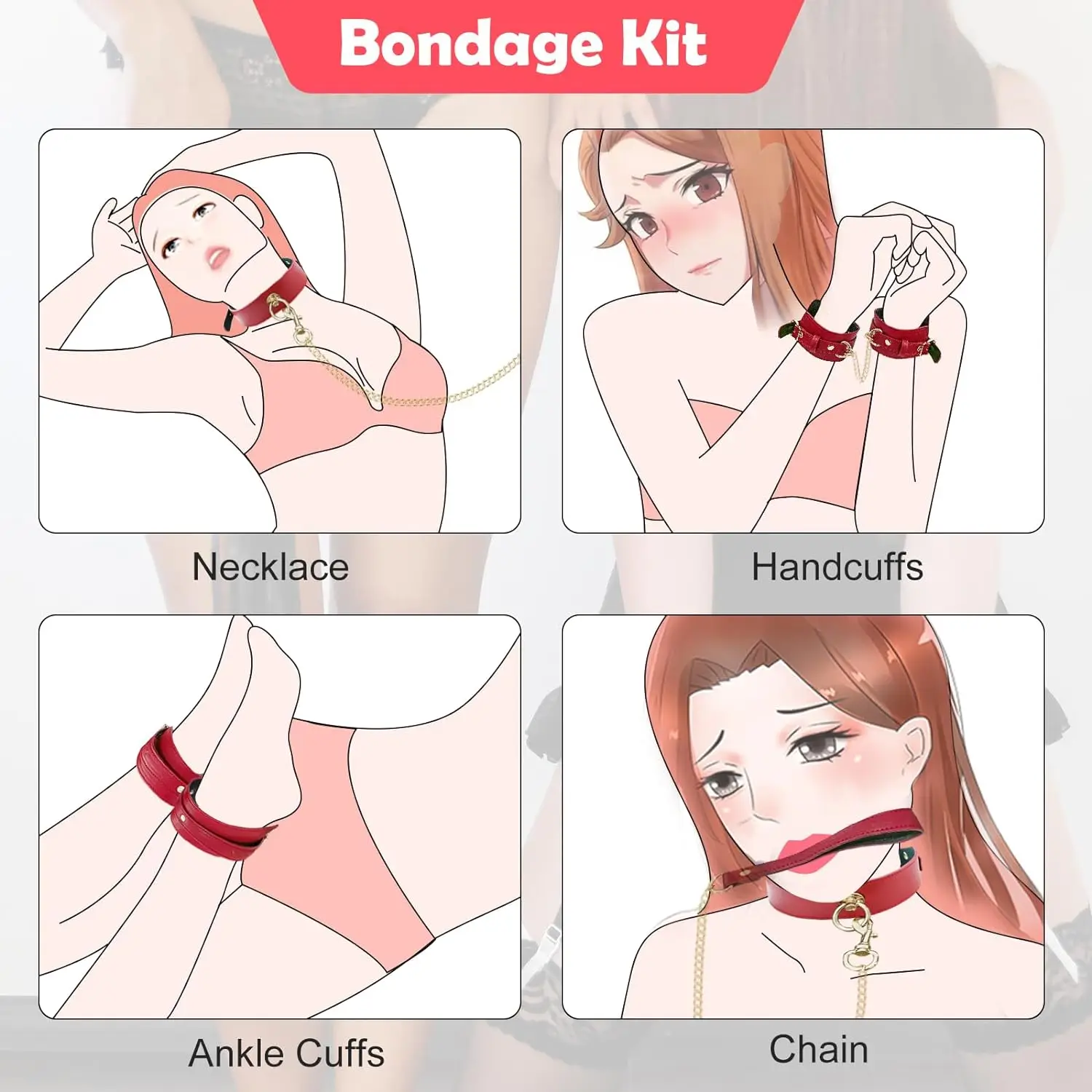 الأحمر BDSM الجنس عبودية عدة الجنس لعب للأزواج مثير الرقيق قابل للتعديل الجلود اليد الكاحل الأصفاد المختنق للزوجين SM ألعاب الجنس أداة