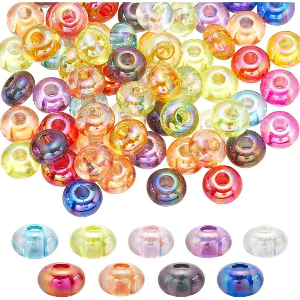 

1 Box 100Pcs 14mm Lentil Beads Acrylic Abacus Beads Bulk Plastic Transparent Colourful Oblate Large Hole Beads for Bracelet