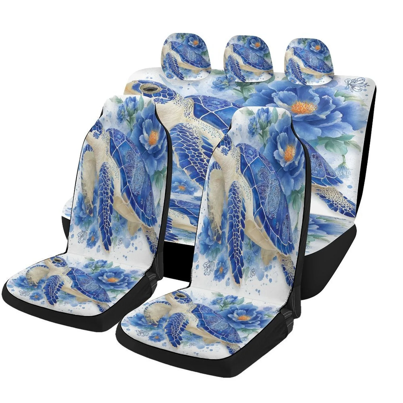 

Blue Turtle Floral Designed Car Seat Cover Set For Most Cars, Trendy Novelty High-quality Car Seat Protector Covers Full Set, Un