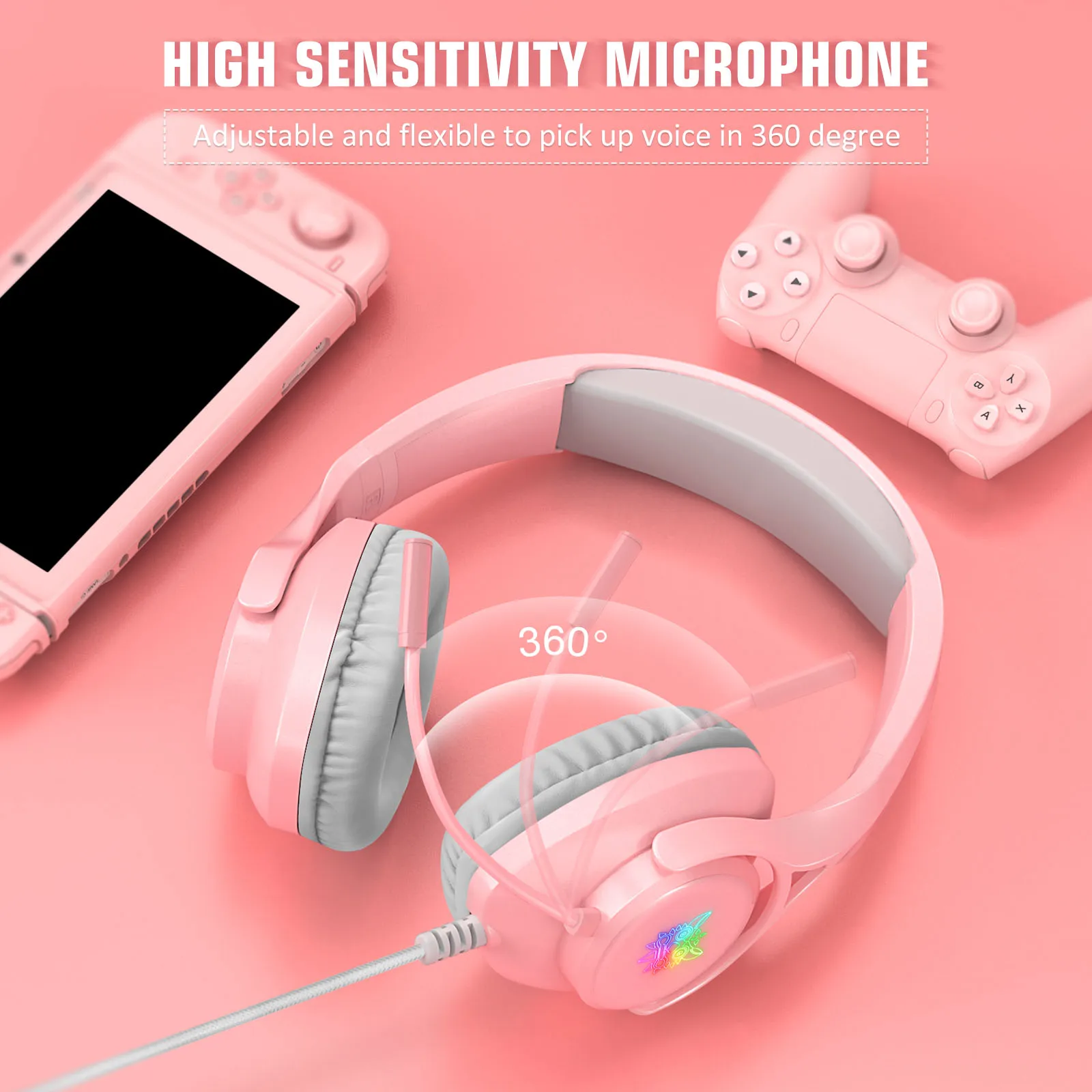 ONIKUMA X16 Wired Headset with Noise Reduction Microphone Surround Sound RGB Light 3.5mm+USB Computer Headset Pink