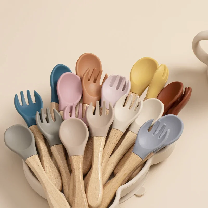 Baby Wooden Handle Silicone Fork Spoon Set Kids Organic Soft Tip Spoon BPA Free Food Grade Infant Feeding Tableware Baby Stuff