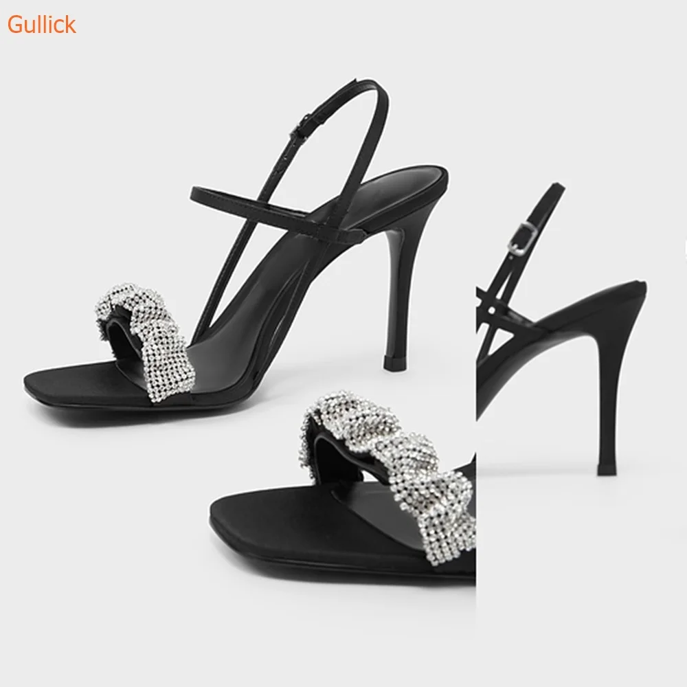 2024 Newest Bling Bling Crystal Women Sandals Pleated Pearl Square Toe Shoes Thin Heels Back Strap Slingback Summer Shoes