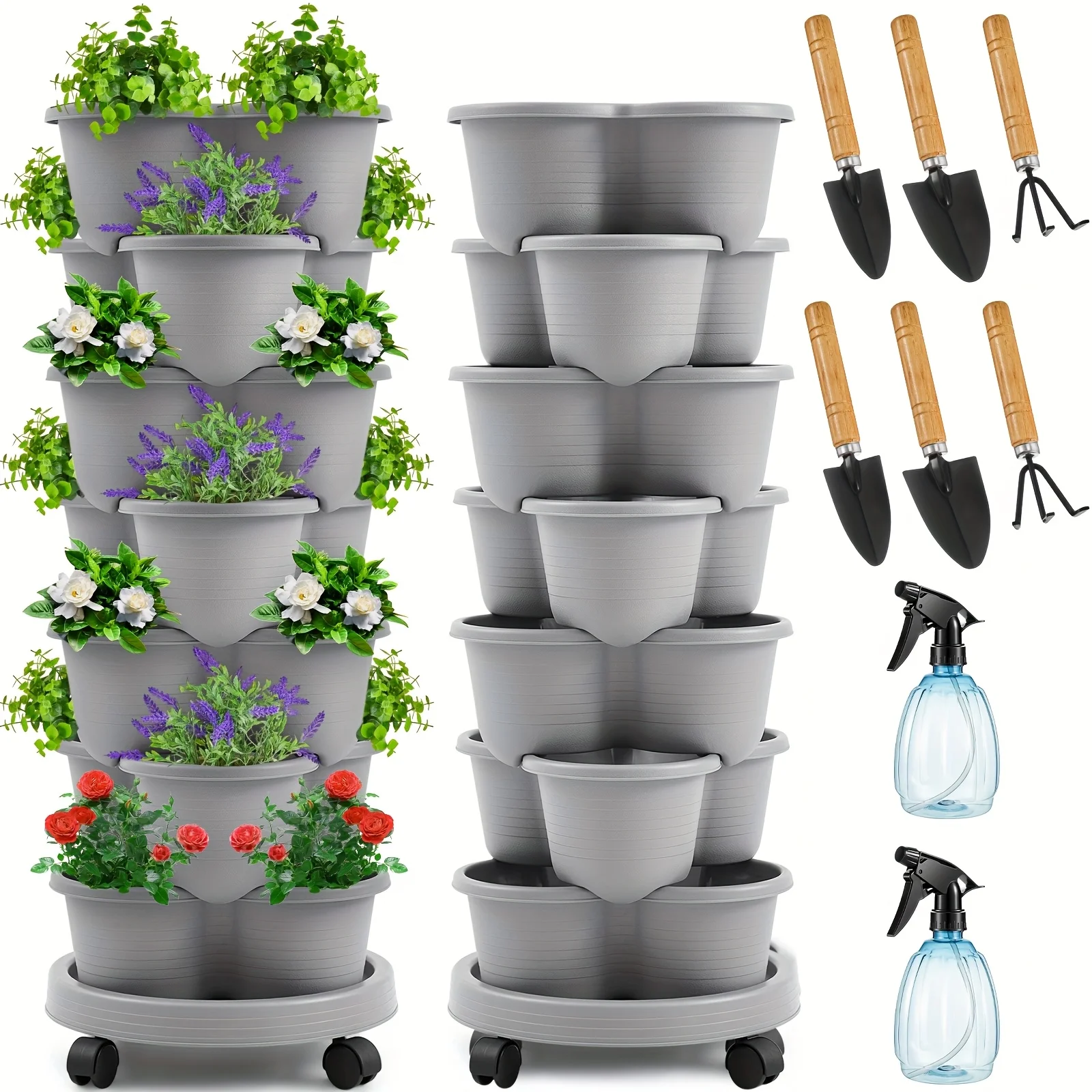 

2 Set Of 7 Tier Vertical Planter Stackable Planters with Removable Wheels And Tools Tower Planters Strawberry Herb Flower