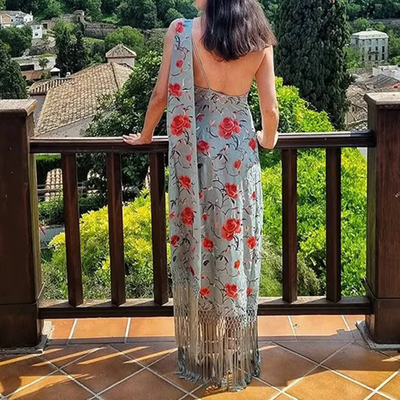 Elegante impressão cachecol colarinho sem costas vestido de festa senhora sexy sem mangas altura cintura bohe vestido moda borla decorativo vestido longo