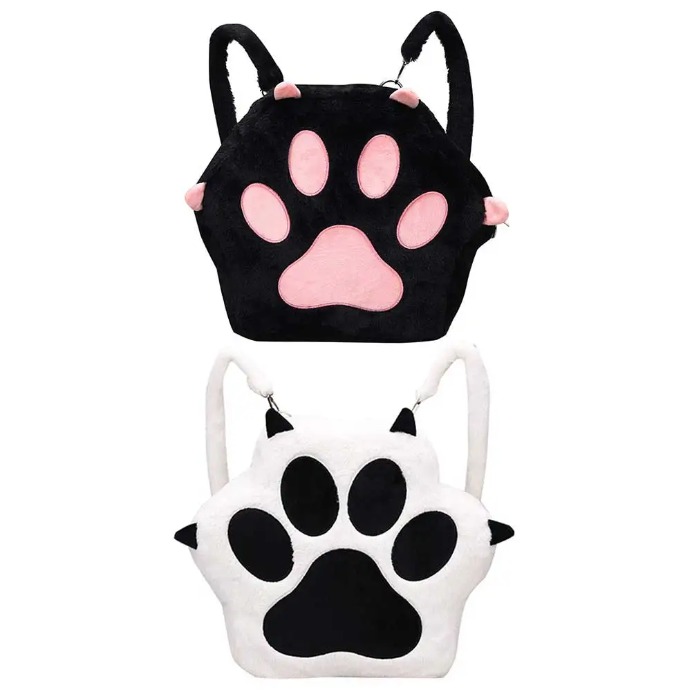 Cute Cat Paw Soft Furry Purse with Adjustable Straps Sweet School Bag with Zipper JK Girls Bag Cartoon Backpack for Women Girls