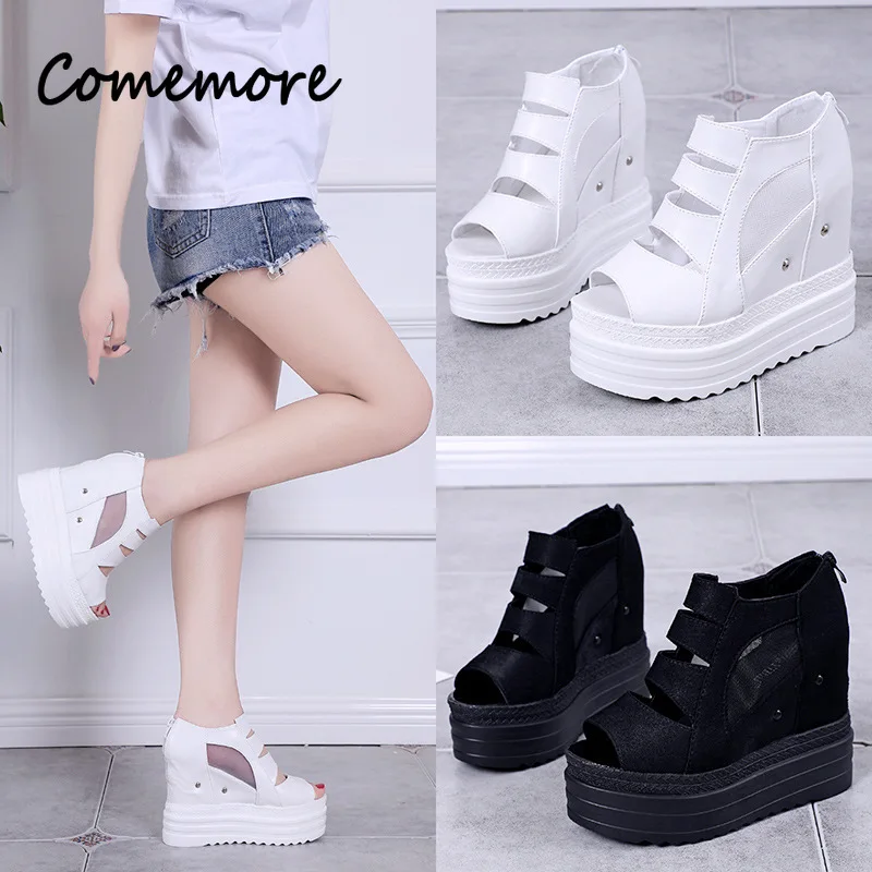 

Comemore Wedge-heel 12CM Women's Sandals Super High Heels Peep Toe Summer Roma Shoes New Height Increase Fish Mouth Heeld Pumps