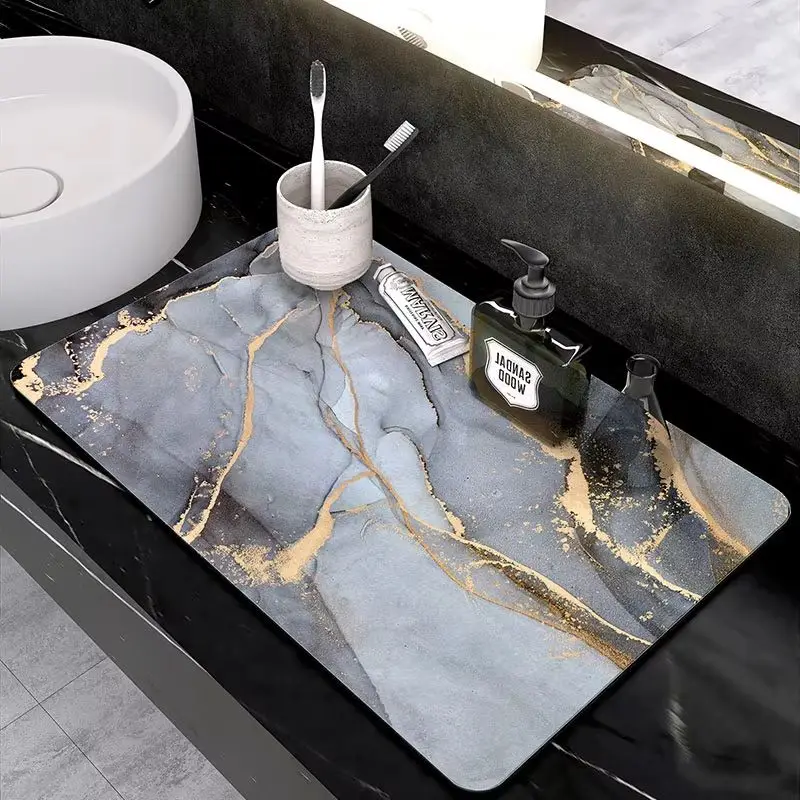 VIKAMA Grey Gold Vein Marble Diatom Vanity Mat Luxury Agate Absorbent Non Slip Bathroom Sink Counter Drying Rug Pad