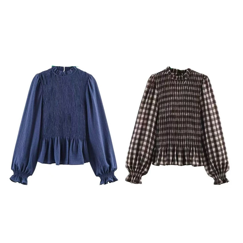 Blusa informal a cuadros irt Long Sve para mujer, blusa animada de fibra de poliéster de Hong Kong Sle, falda en capas, Top a cuadros