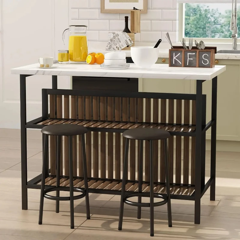 

3 Piece Pub Set, Rectangular 2 Bar Stools, Faux Marble Dining Room Set of 2, Modern Counter Height Table with, Customized