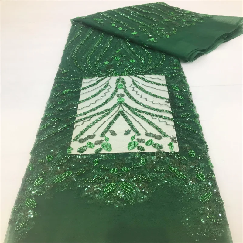 Latest Luxury Elegant Embroidery Heavy Groom Lace Fabric African Tulle Sequins Lace Fabric For Wedding Party Long Dress Green