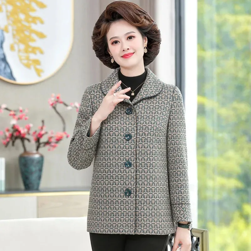 

Mom Spring Coat Temperament Lapel 2023 New Middle-Aged Women Spring And Autumn Woolen Jacket Short Middle-Aged Woolen Blouse