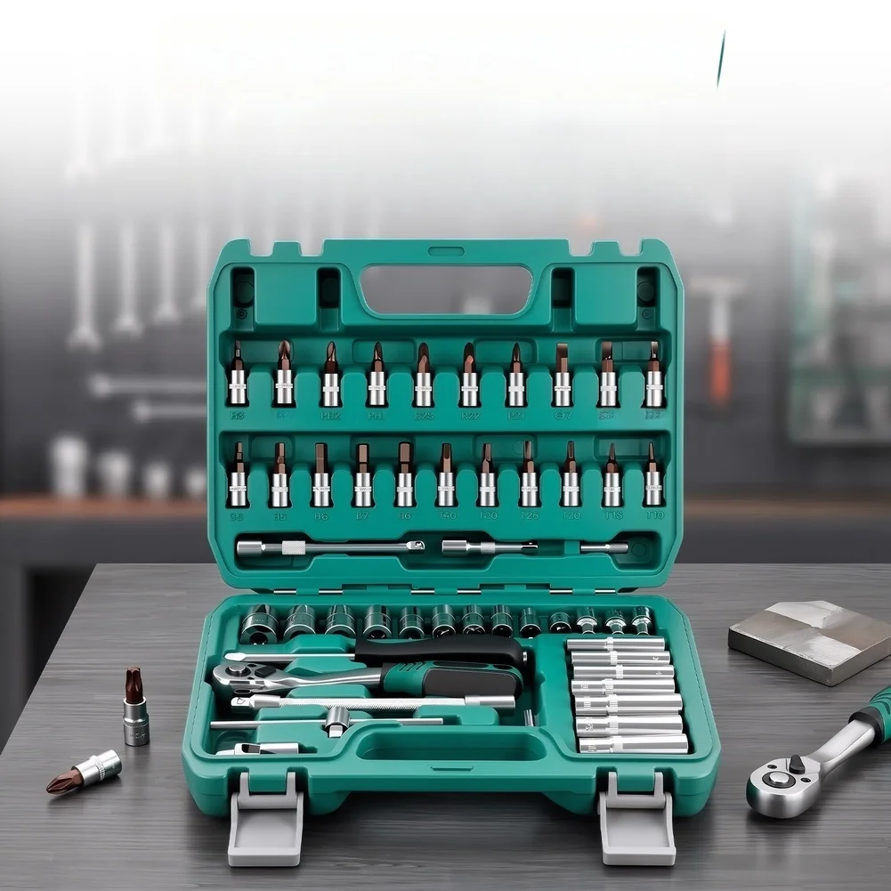 Motorcycle Car Repair Tool Kit 53 Piece with 72 Tooth Ratchet Chrome Vanadium Steel Construction for Reliable Mechanical Work