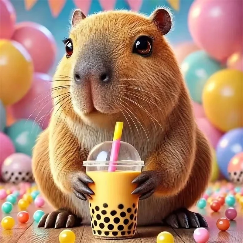 5D DIY Cute Capybara with Bubble Tea Diamond Painting, Kawaii Party Scene Mosaic Handmade Art Exquisite Gift Home Decor