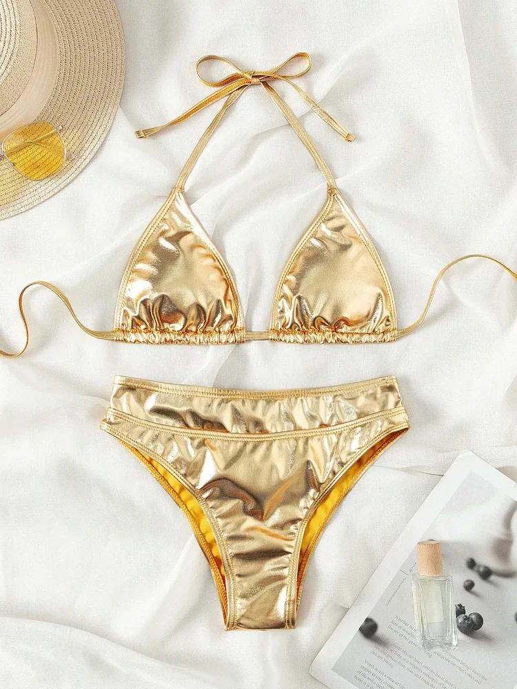 Maillot de bain brésilien sexy pour femmes, soutien-gorge rembourré push-up, ensemble deux pièces, bikini imbibé de documents argentés et dorés, nouvelle collection 2025