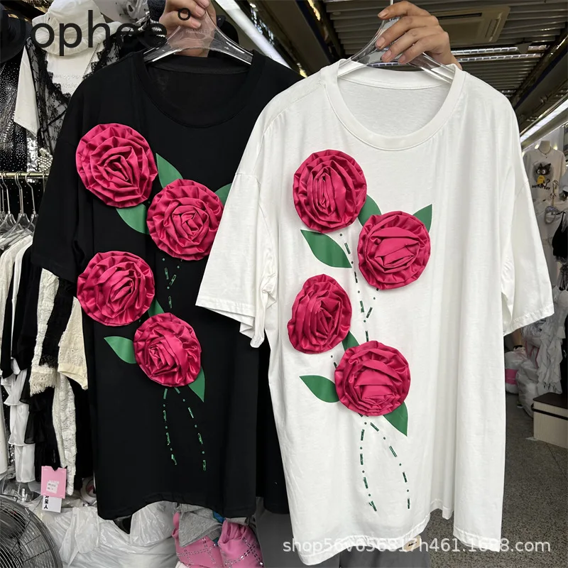 

Three-dimensional Flowers All-match Spring Summer Women Tshirts All-match Loose Cotton Basic Tees 2025 New Short Sleeve T Shirts