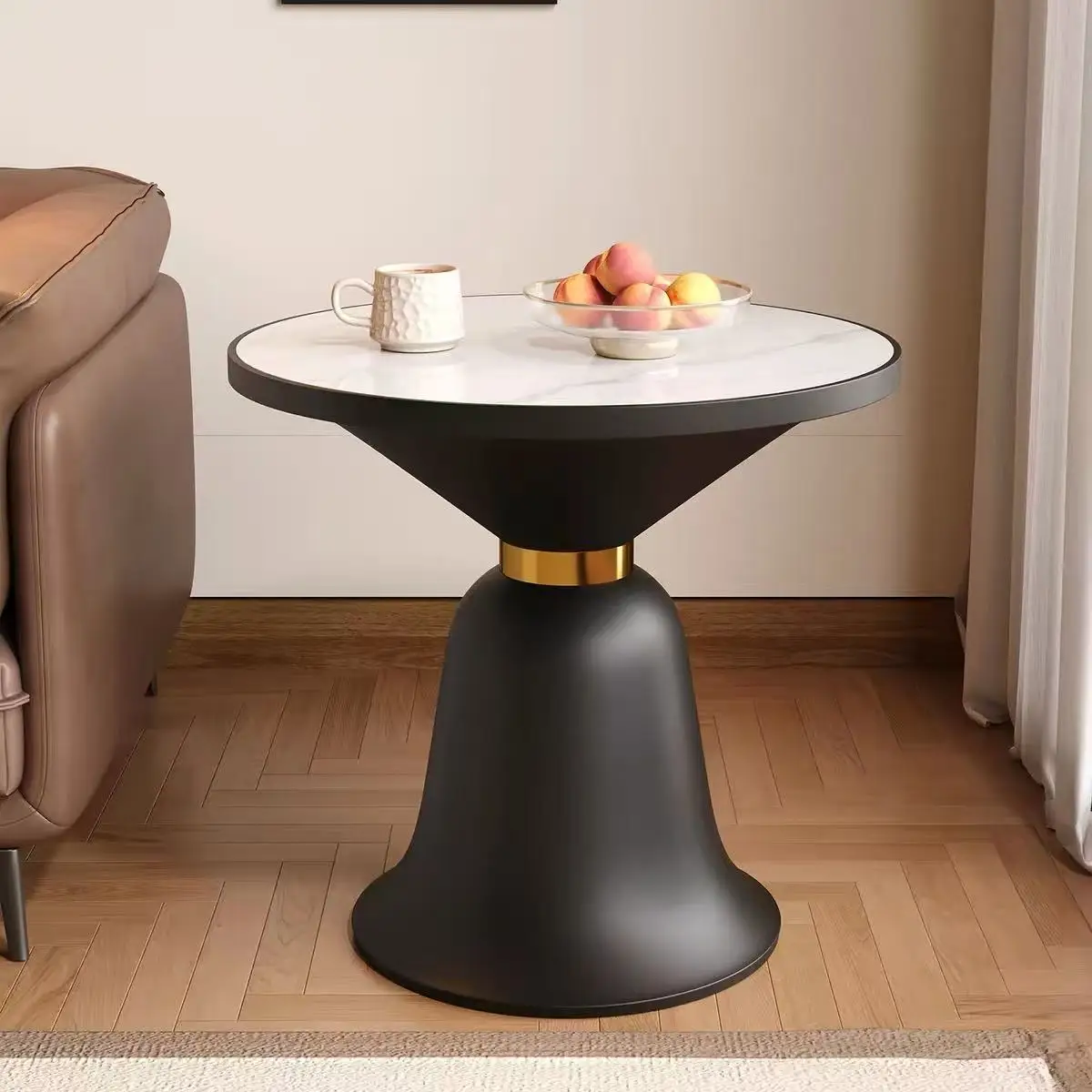 

#Black Marble Sintered Stone Side Table, Round Conical Base End Table for Living Room