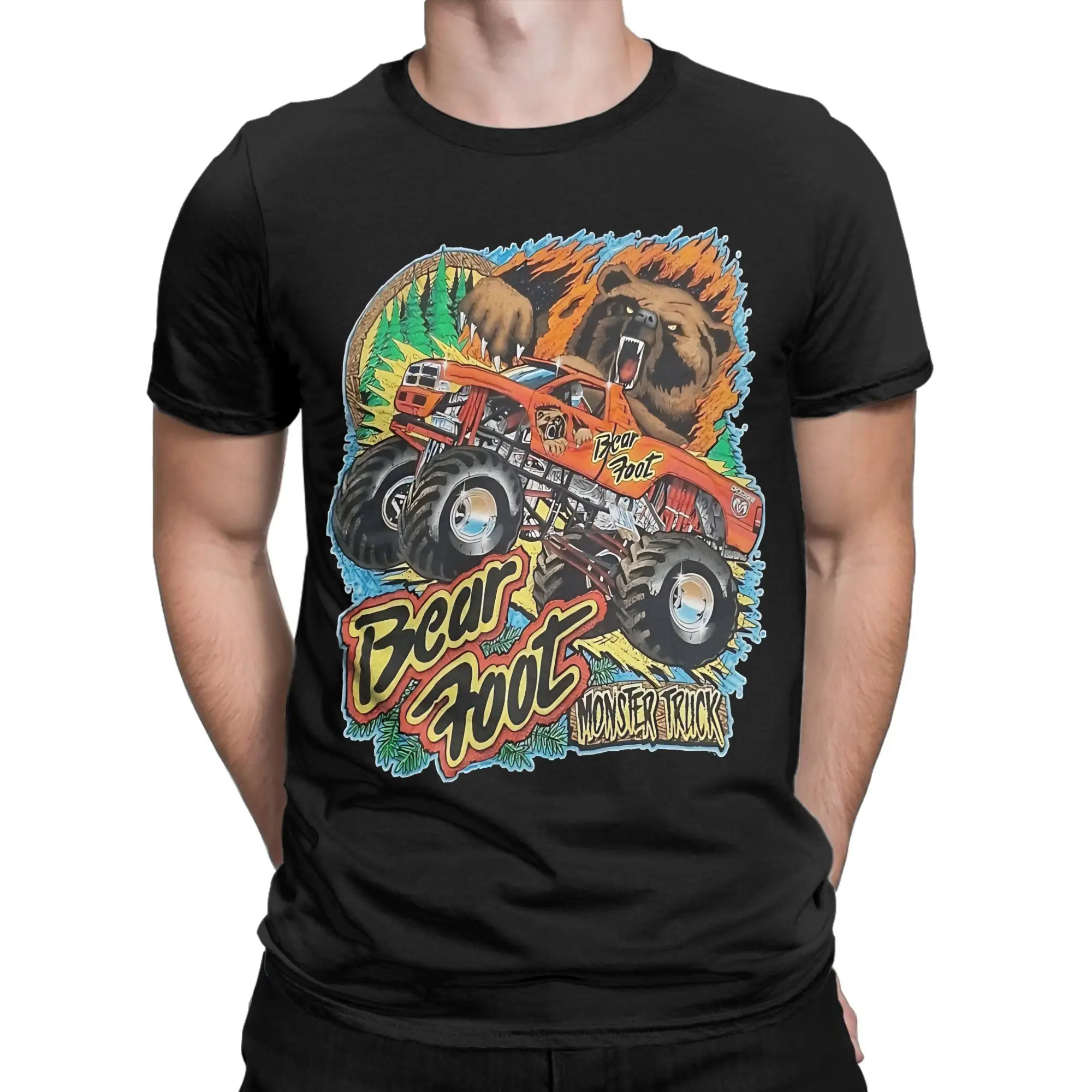 Vintage Bear Foot  Funny 100% Cotton T-Shirt Monster truck Tops Tees For Men