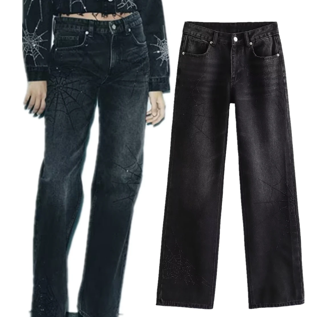 

Dave&Di Vintage Sequin Jeans Women High Mom Jeans Waist Street Punk High Jeans Straight Barrel Black