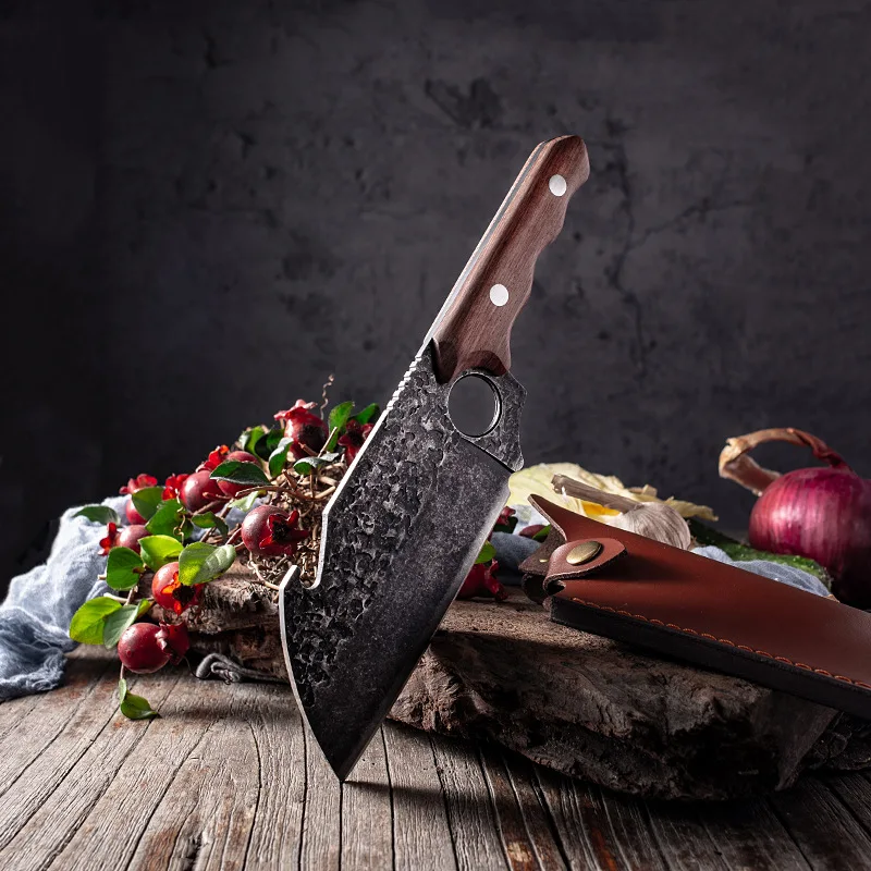 Forged Kitchen Cleaver Chef Knife Meat Vegetable Cooking Cutting Barbecue Slicing Fishing Knife Gift Sheath