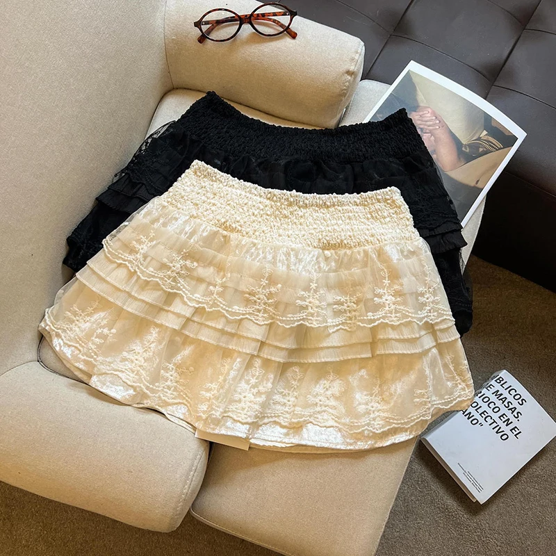 Mesh Patchwork Mini Skirt Women Sweet High Waist Loose Casual Kawaii Cake Skirts Korean A Line Preppy Ruffled Folds Skirt New