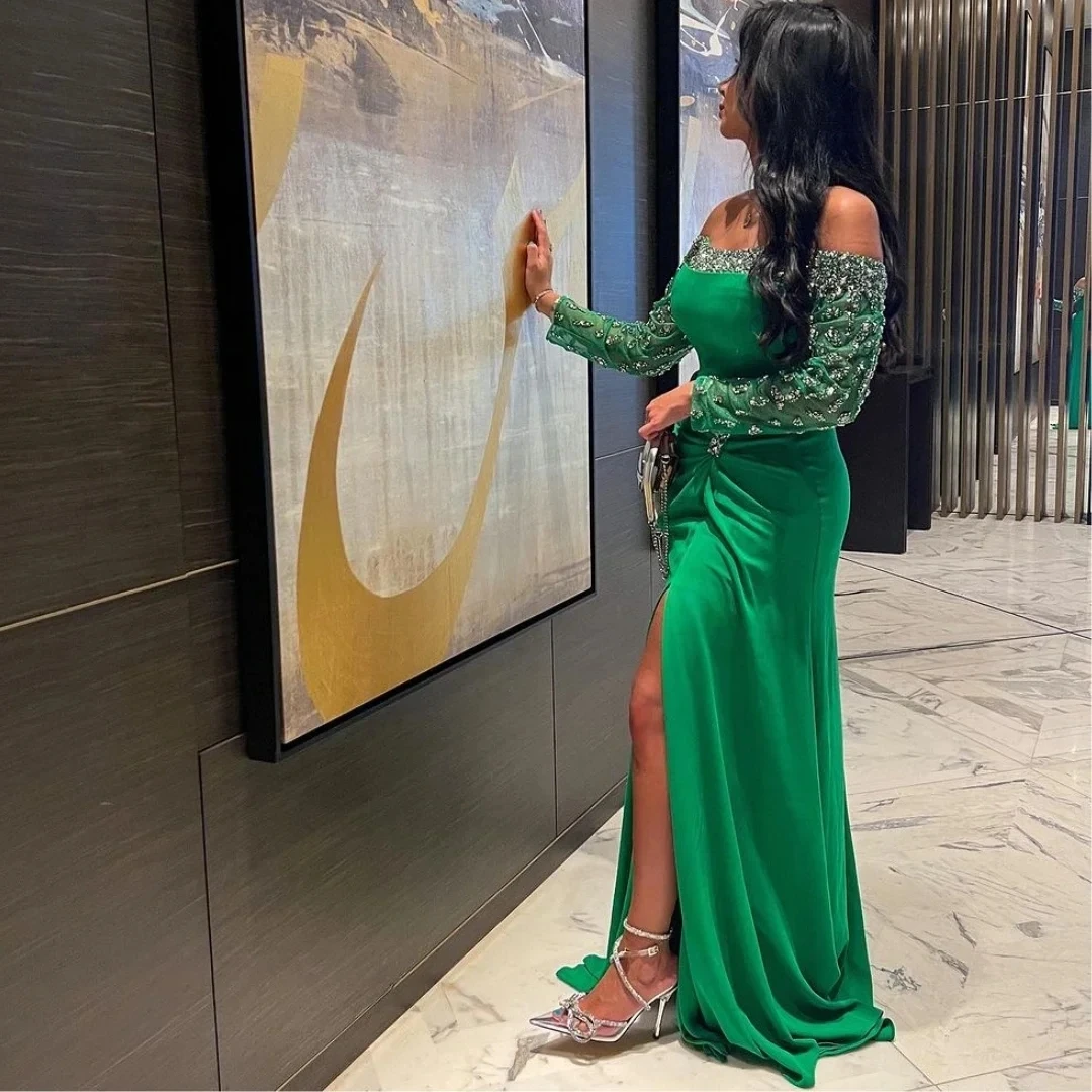 Green Chiffon Evening Dresses Boat Neck Beaded Long Sleeves Pageant Party Prom Gowns Zipper Back Saudi Arabia Wear Party Dress