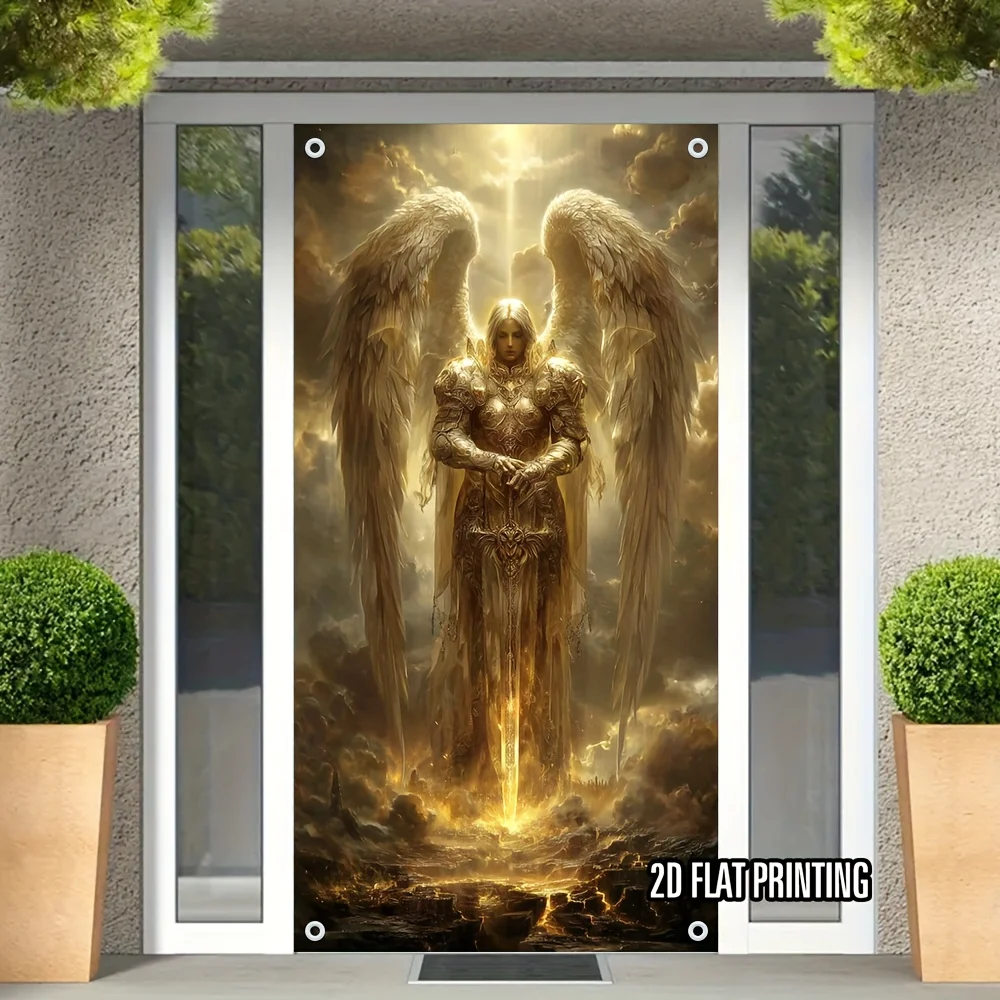 Fantasy Archangel Warrior Door Banner Polyester Door Cover Wall Hanging for Home Entrance Living Room Party Decor