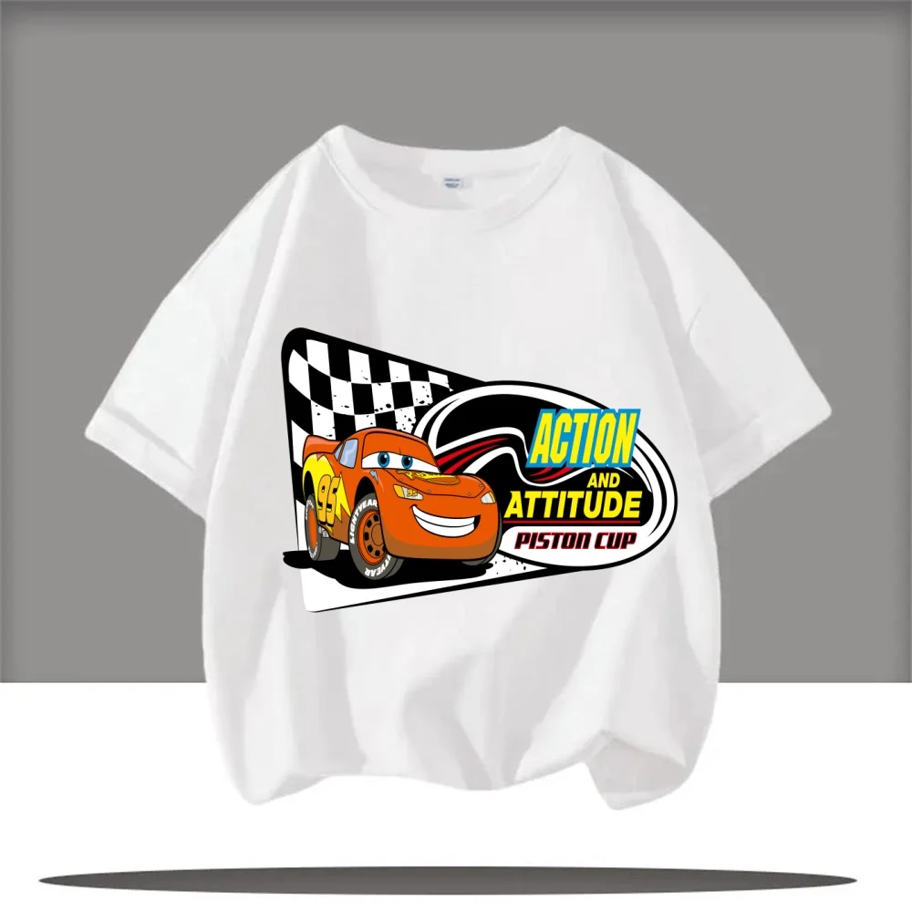 صيف 2025 جديد ديزني سيارة البرق ماكوين قصيرة الأكمام الفتيان والفتيات الصيف شبكة تي شيرت الملابس