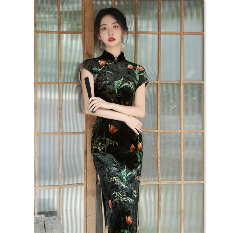Old Shanghai Retro National Style Long Velvet Sleeve Cheongsam Qi Pao Autumn New Traditional Chinese