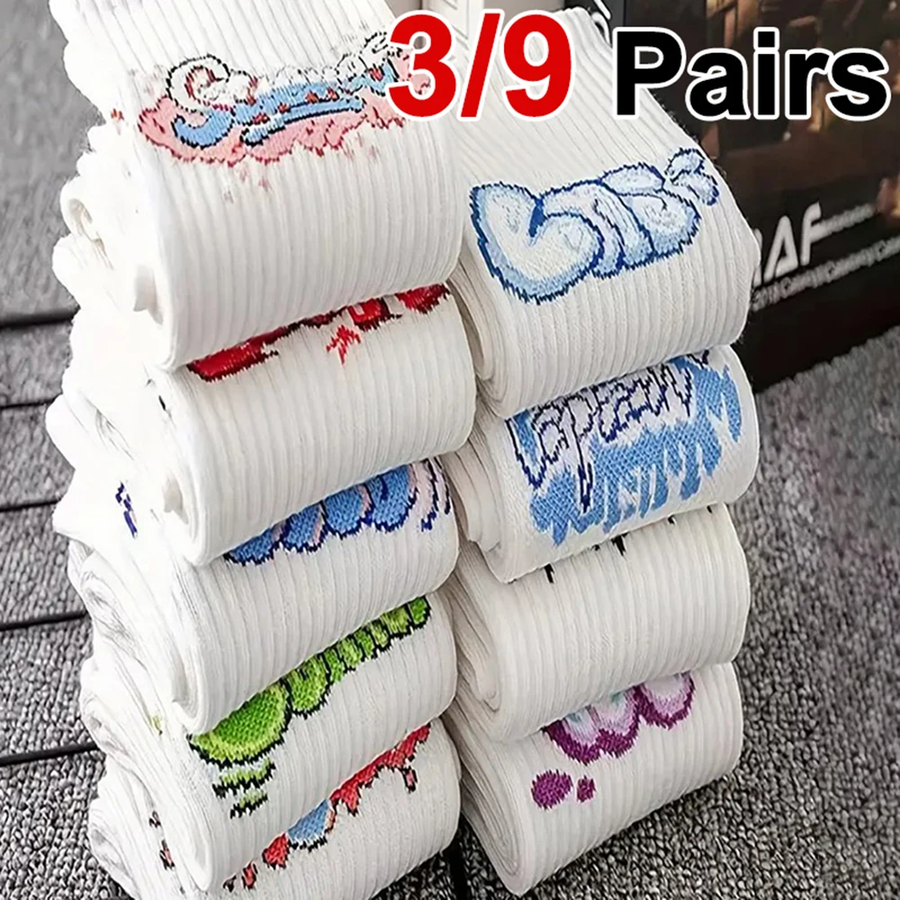3/9 Paar Herren-Socken mit Graffiti-Aufdruck, Rundhalsausschnitt, schweißableitend, atmungsaktiv, bequem, Outdoor, Street-Style, Paar, Freizeitsocken