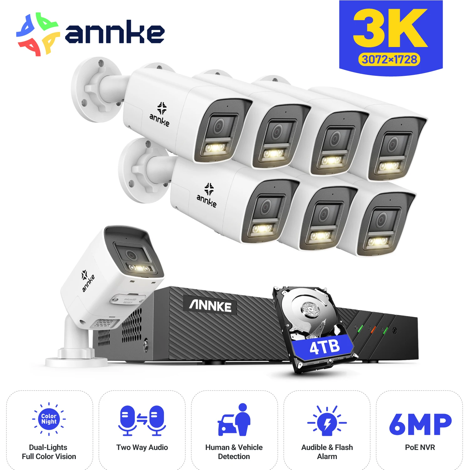 Annke-IR Ultra HD Outdoor PoE Câmera de Segurança, Luz Dupla, Áudio Bidirecional, Lente de 2,8mm, Humano e Veículo, 8CH, 3K, H500, 265 +