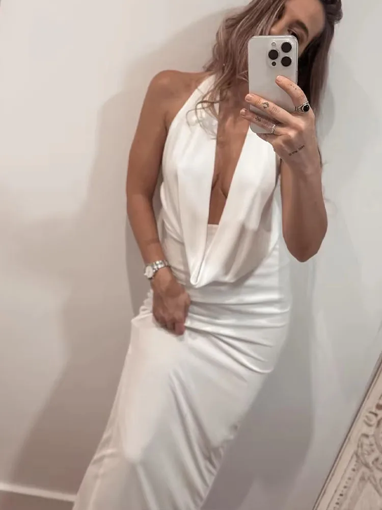 여름 여성용 솔리드 블루 섹시 백리스 롱 드레스 여성용 홀터넥 오프숄더 슬림 엘레강스 이브닝 파티 드레스