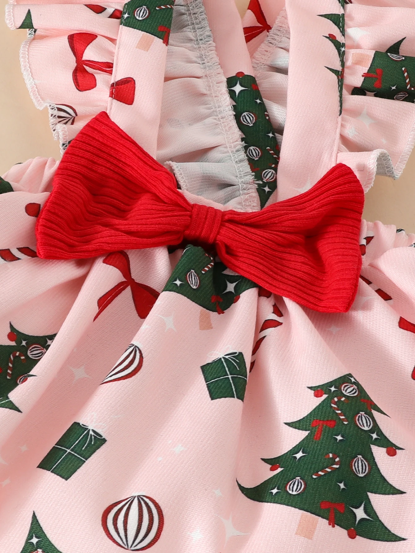 Baby Girl\'s Christmas Fashion Party Cute Christmas Tree Gift Printed Ruffled Bow Suspender Skirt+red Casual Toddler One-piece Triangle