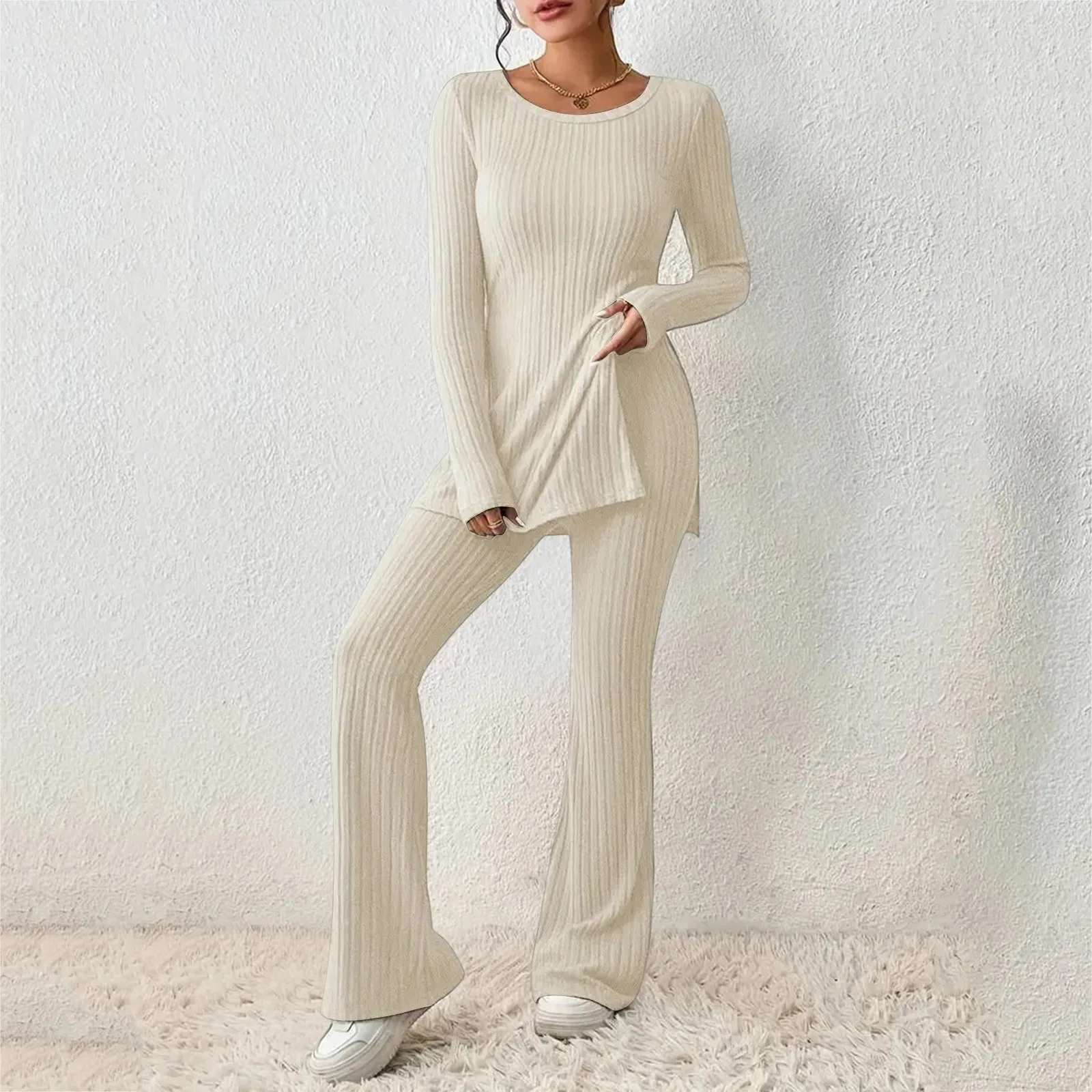 Women's Two Piece Knit Matching Outfits Crew Neck Slit Hem Tee And Pants Tracksuit Sets 2025 Spring New Solid Color Slim Trouser