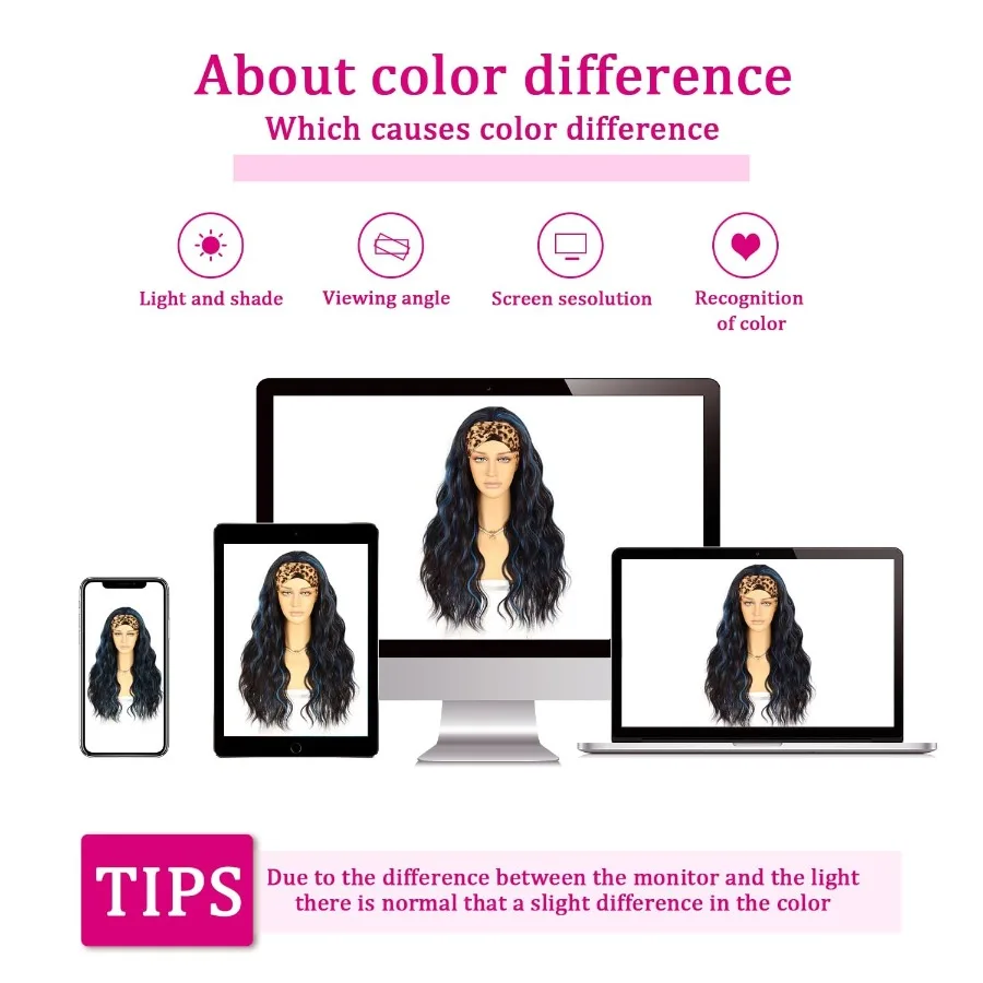 黒人女性向け、ヘッドバンド付きルーズボディウェーブウィッグ、ブラックミックスブルーハイライトカラー、接着剤不要合成ヘアピース、26インチ