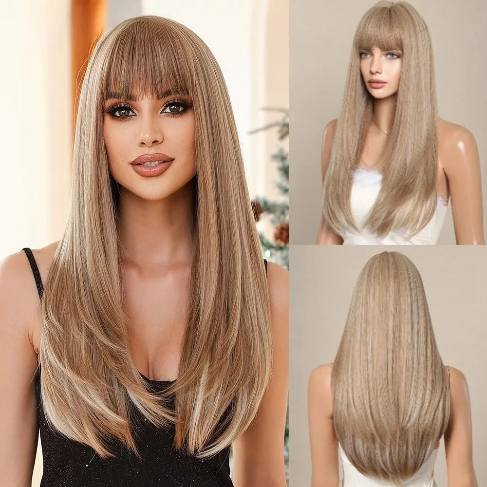 

Long Straight Light Brown Synthetic Wig with Bangs - Layered Hair for Women