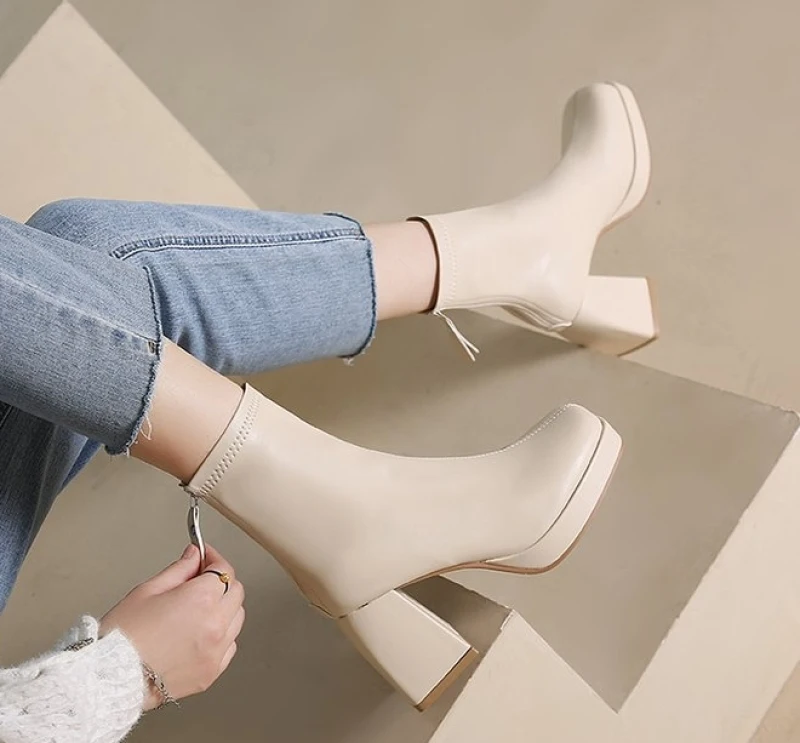 NEW Winter Women's Square Heel Ankle Boots Rear Zipper Thick Heel Square Toe Modem Boots for Women Ladies Casual  Platform Shoes