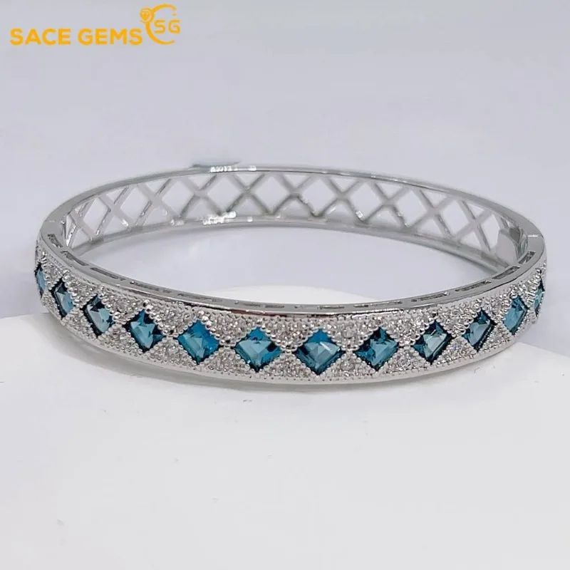 

SACE GEMS New Certified 4mm Natural London Blue Topaz Bracelets 925 Sterling Silver 18cm for Women Engagement Party Fine Jewelry