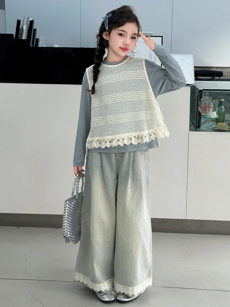 

Повседневный комплект из хлопкового денима для девочек: модный базовый жилет и длинные брюки, идеально подходящие для подростков до 7 лет.