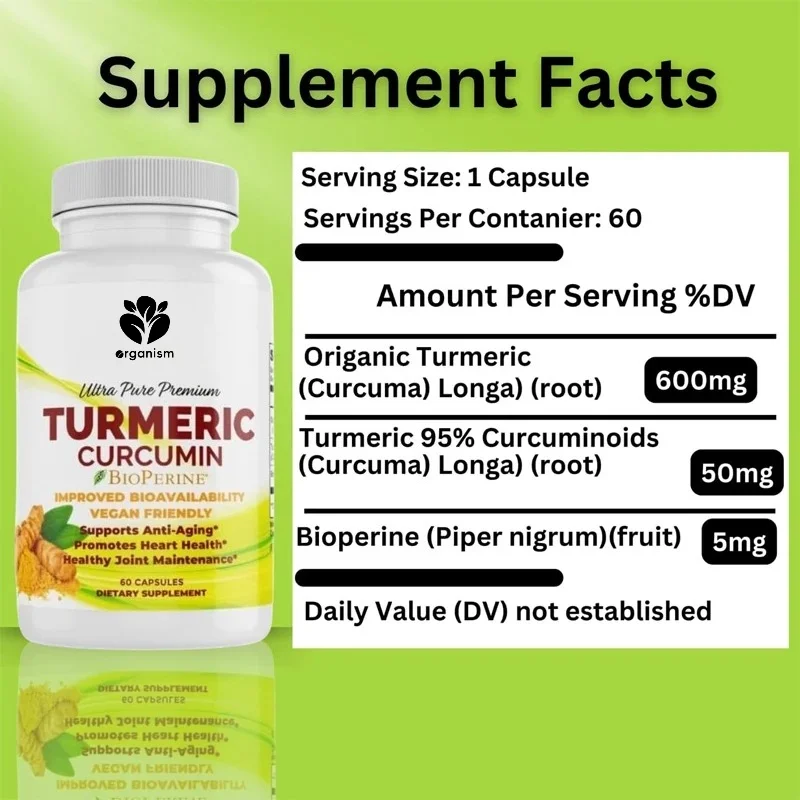 Turmeric Curcumin Supplement - Organic turmeric root extract enhances absorption and daily joint function