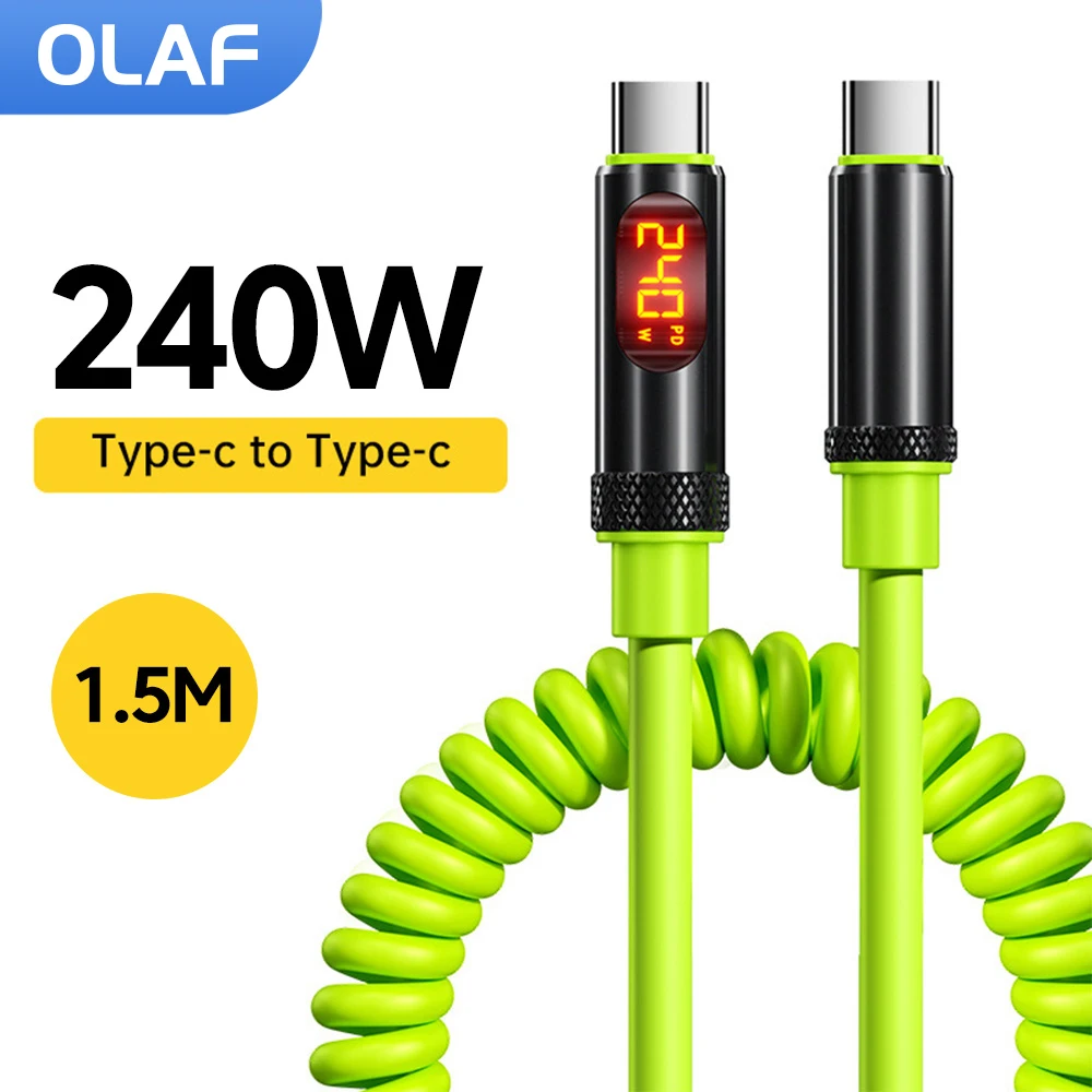 

240W Fast Charging Spring Data Cable Digital Display Retractable Type C To Type C Cable for iphone 15 16 Dual Type C Cable